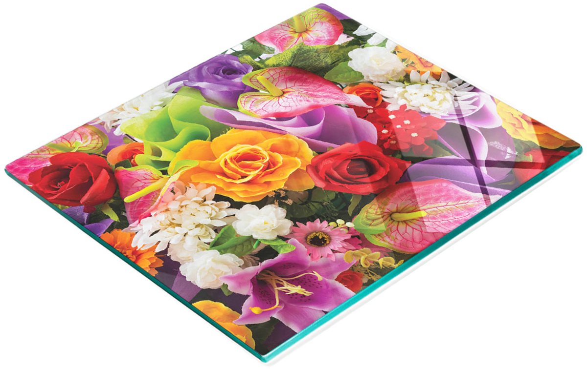 Multifunctionele decoratieve snijplank van gehard glas met bloemenmotief, 60x52 cm