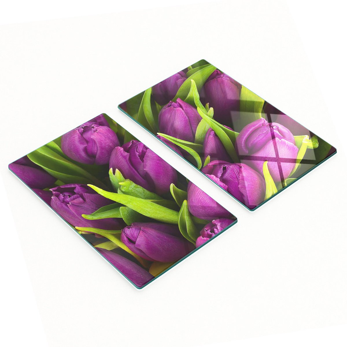 Set van twee glazen snijplanken met paarse tulpenmotief, 2x30x52 cm