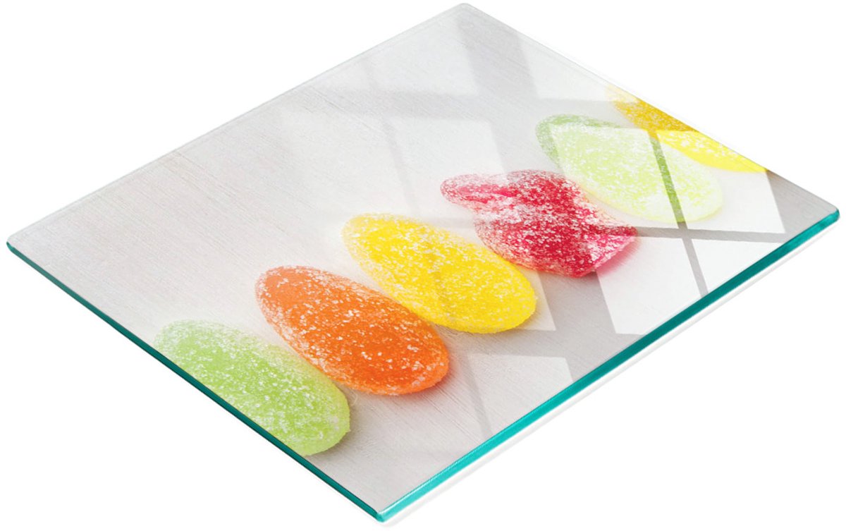Decoratieve glazen keukenplank met kleurrijke jellybeans, 60x52 cm