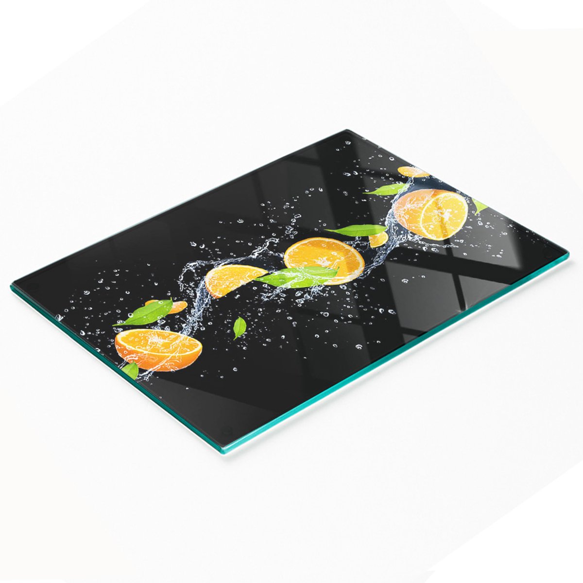 Glazen snijplank met afbeelding van sinaasappels en water, 80x52 cm