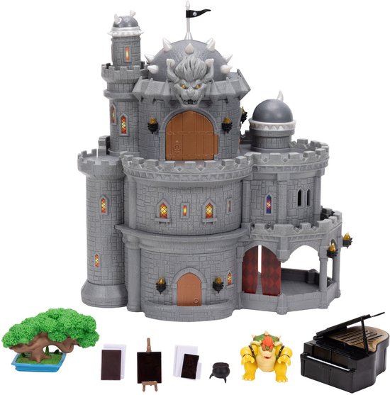 Super Mario Galaxy Film – 30 cm Deluxe Bowser Kasteel Speelset met 3,8 cm Bowser-figuur, piano, bonsaiboompje, hittegevoelige afbeeldingen en meer