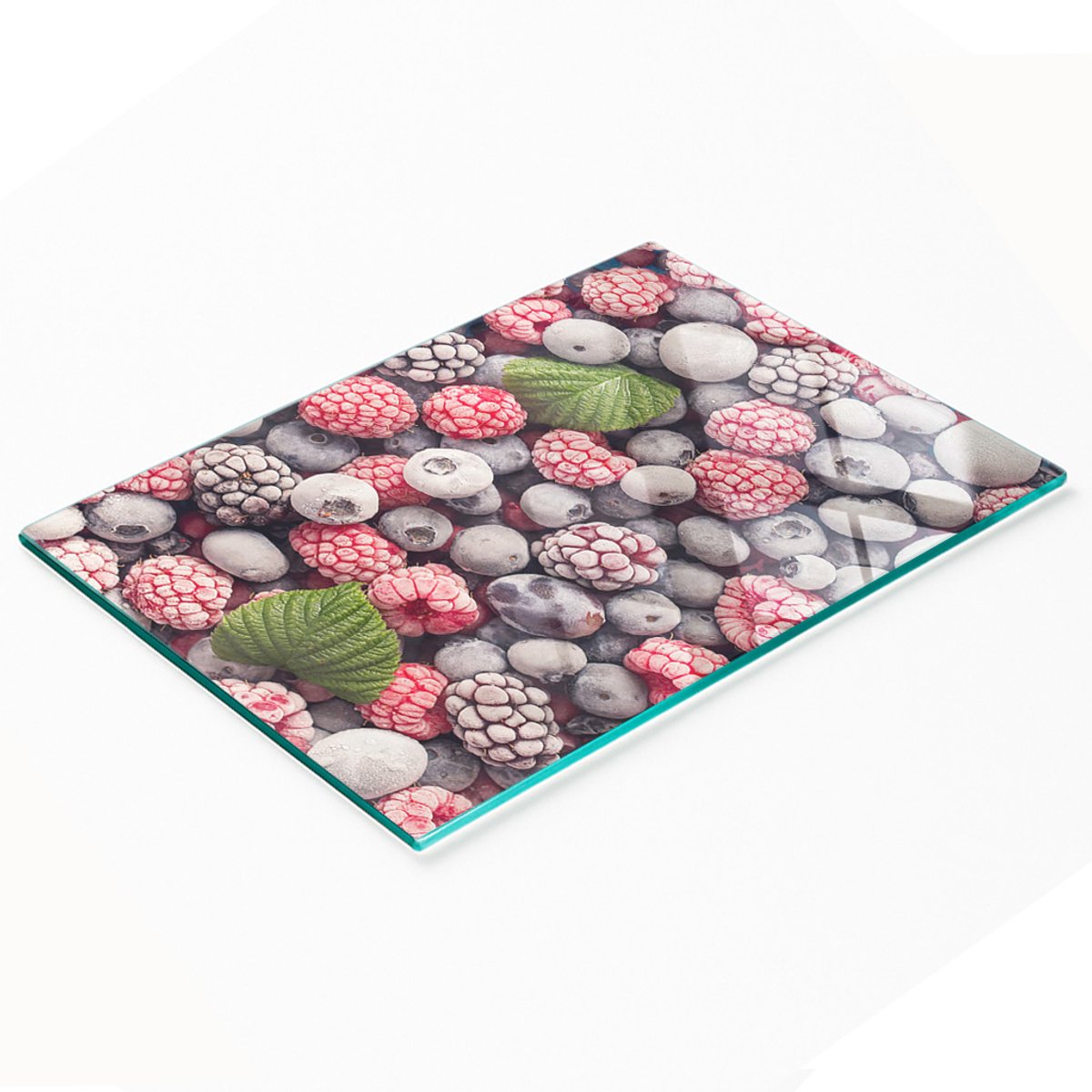 Decoratieve snijplank van gehard glas met afbeelding van bevroren bosvruchten, 80x52 cm