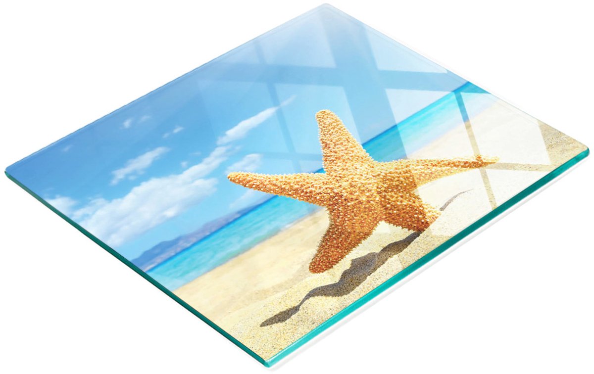 Decoratieve glazen keukensnijplank met zeestermotief en strandmotief, 60x52 cm