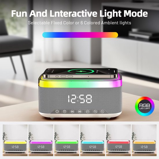 Namajunas - 5-in-1 Wireless LED Speaker - Draadloos - Bluetooth Speaker - 6 Ambient-lampen - Digitale klok, LED-display - Draadloze Muziek Box - Draadloze Oplader - Wireless charger - GSM Lader - voor iPhone/Android/iPad/Samsung - Cadeau van Merkloos — afbeelding 4