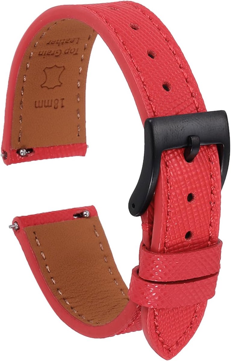 Echt Leren Horlogeband 18mm met Zwarte Roestvrijstalen Gesp - Snelwissel Reserveband voor Heren en Dames (Rood)