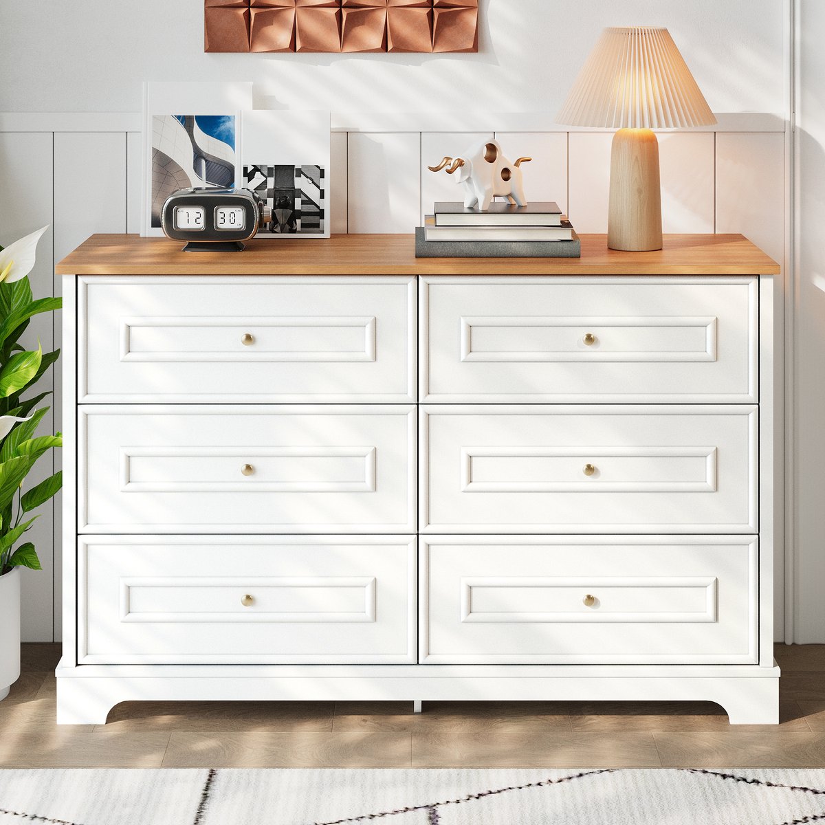 REDOM Sideboard - Zes Laden - Landelijke Stijl - Voor Woonkamer, Eetkamer Of Hal - MDF En Spaanplaat - Wit En Naturel - 120 X 40 X 76 Cm