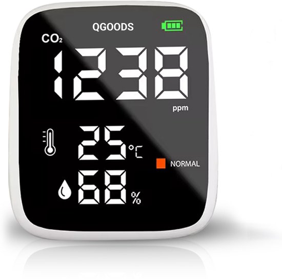 CO2 meter - Luchtkwaliteitsmeter - 5 In 1 - Met hygrometer en thermometer - Inclusief Alarmsysteem - Draagbaar & oplaadbaar - Zelfkalibrerende NDIR sensor - LED scherm