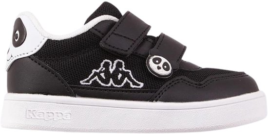 Zwarte Kappa sneaker met klittenbandsluiting en panda-detail op de zijkant. Witte zool en logo.