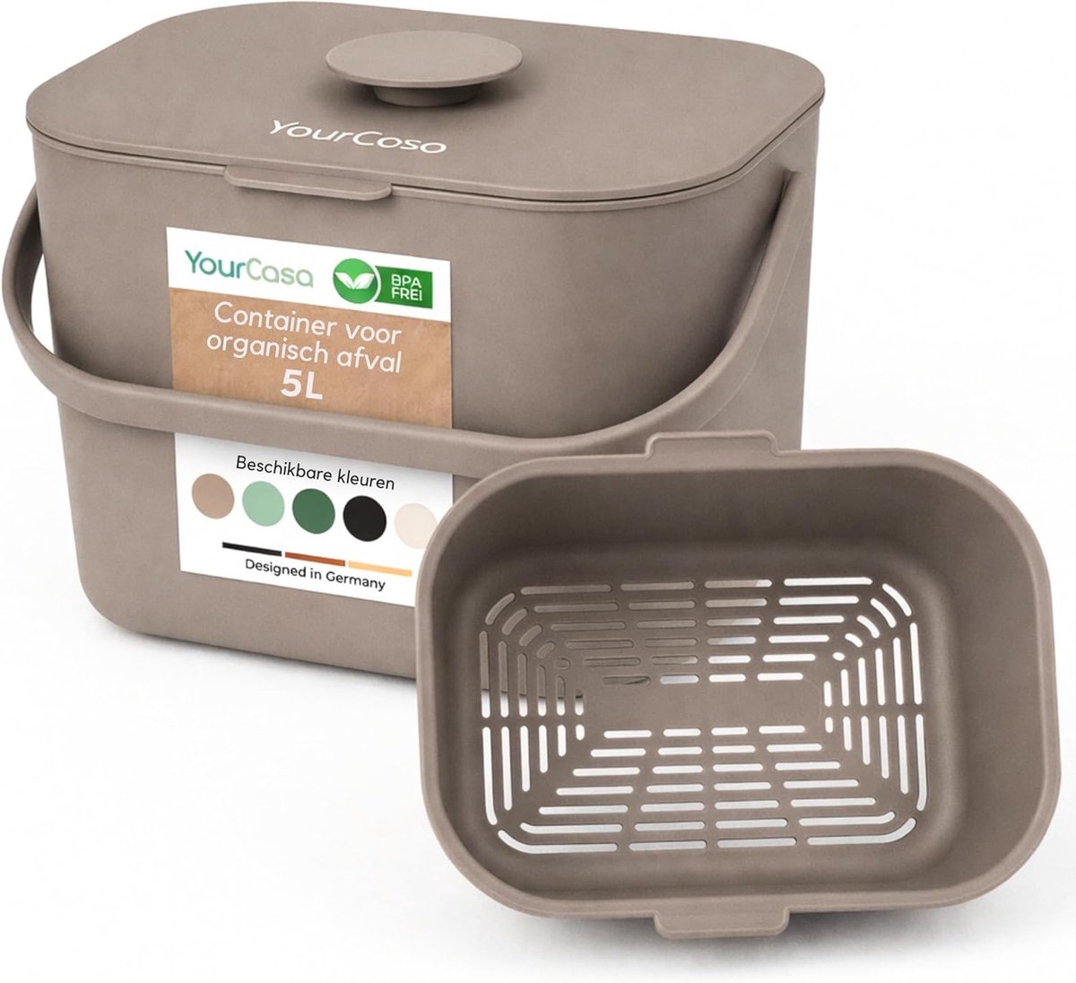 Keuken Afvalbak - Compostbak Biobak - Dagelijks Organisch Afval - Geurvrij en Vaatwasserbestendig - 5 Liter 20x20x20cm - Taupe