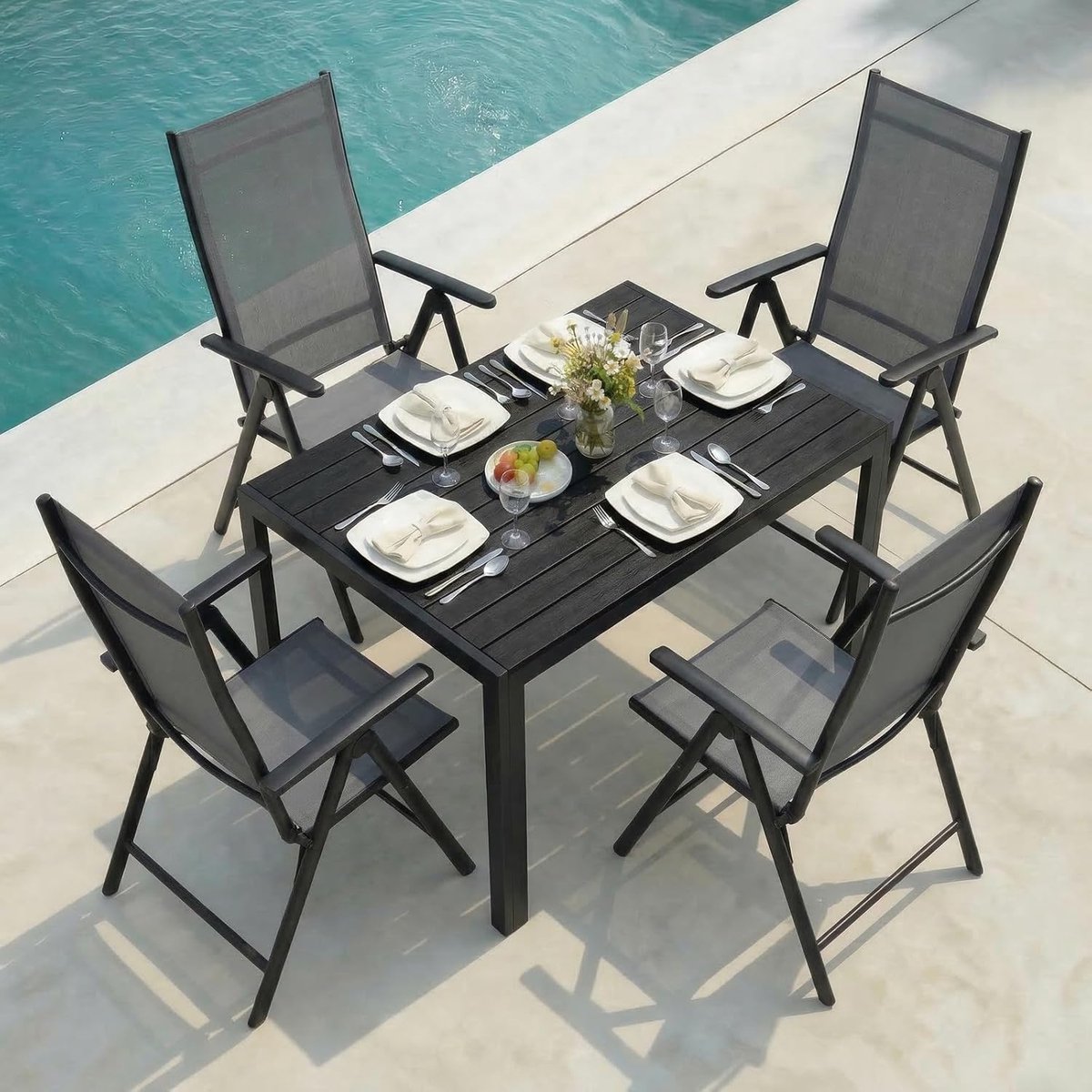 Tuinmeubelset 5-delig 110x70x73 cm – Aluminium Tuinset met Verstelbare Klapstoelen en WPC Tafel, Lichtgewicht & Weerbestendig Balkon en Terras Set – NoviHome