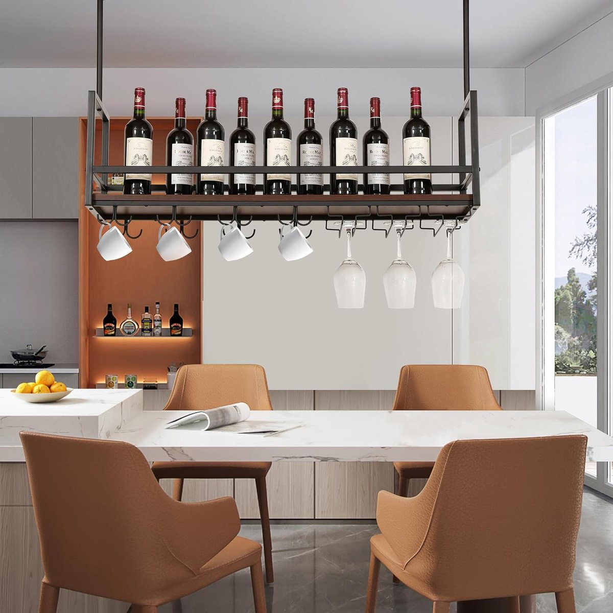 Wijnrek Wandrek - Flessenhouder Glazenrek - Keuken Bar - Met Haken - 100x30x65cm - Zwart Walnoot