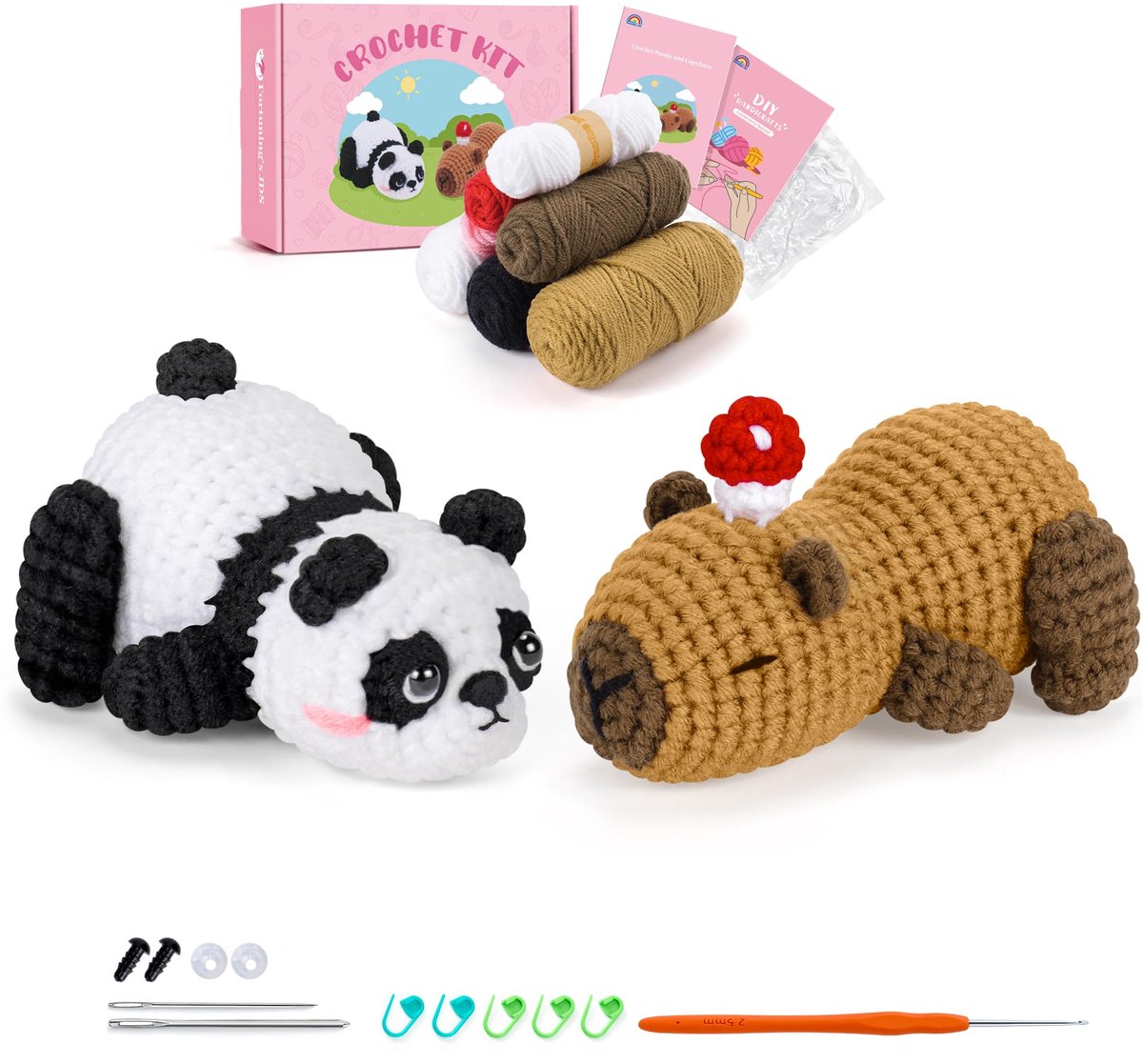 Namajunas - Haakpakket beginners - Haaknaalden - Volwassenen en kinderen - 2 stuks haakset amigurumi Capybara en Panda - Dieren Haak Breiset - Cipybara cadeau - Met Video Instructies