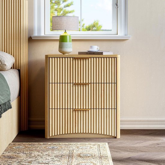 BLACKCOLORS Klassiek nachtkastje met 3 ruime lades – Uniek geribbeld design, hoogwaardige metalen handgrepen en geruisloze geleiders – Stabiel onderstel – Eiken
