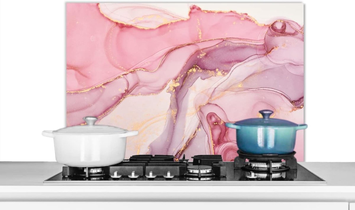 Spatscherm Keuken Spatwand Fornuis Kookplaat Beschermen Marmer Print 90x60 cm Goud Roze