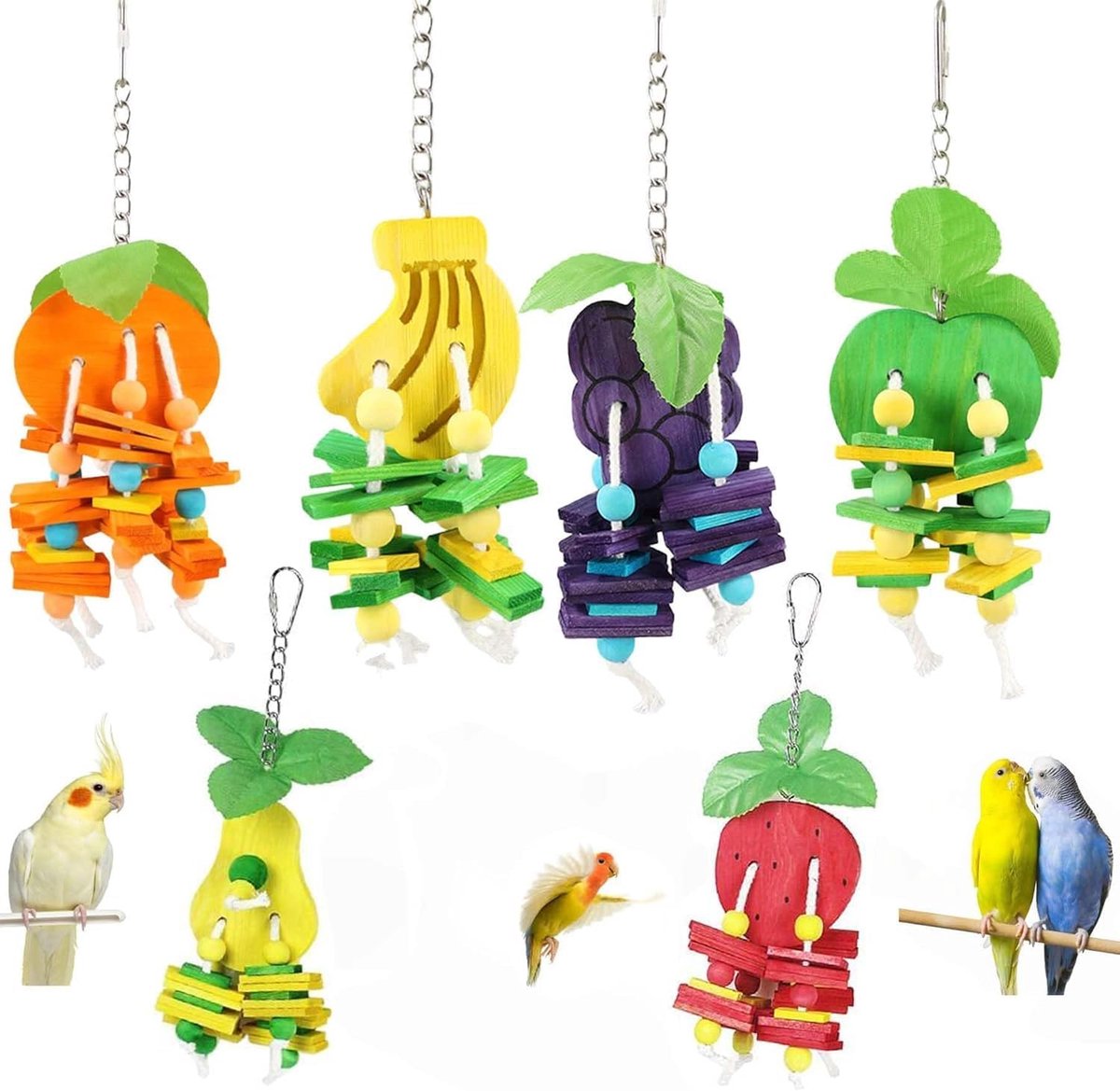 Papegaaienspeelgoed Hout Set - Vogel Speelgoed - Stimulatie en Verrijking - Natuurlijk Materiaal Veilig - 6 Delige Set - Meerkleurig Fruit