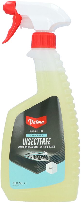 Spuitfles met gele Valma Insectfree reiniger. Verwijdert insectenresten van auto's, kunststof, glas, lak en chroom.
