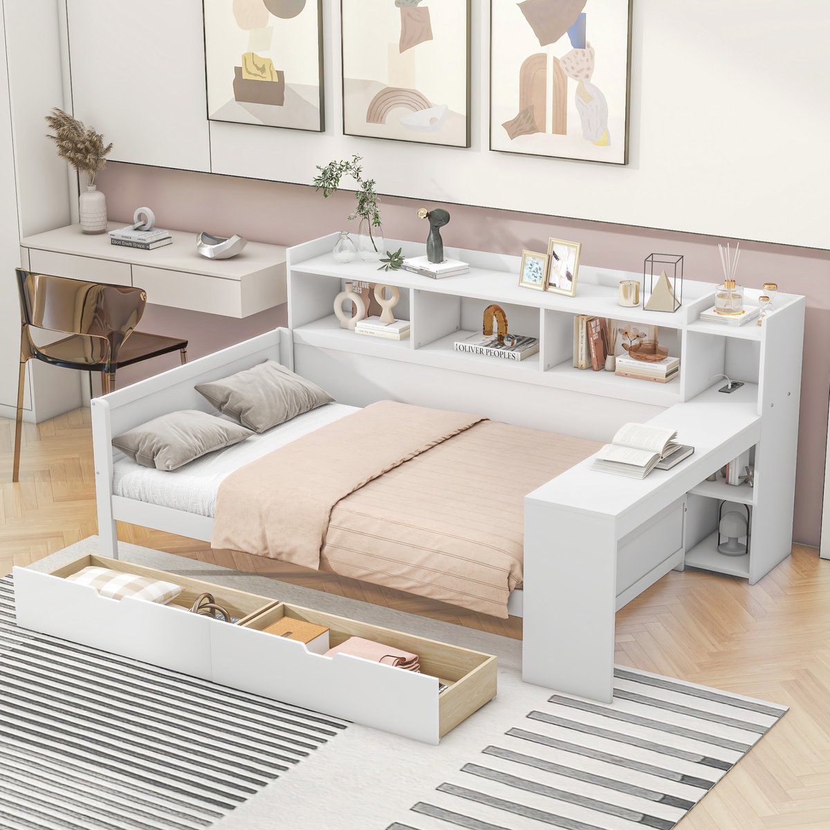 MODENUIT Bedbank 90x200 cm – Met Bureau, Stopcontact en Usb-poort – 2 Lades en Opbergvakken – Zonder Matras – Wit