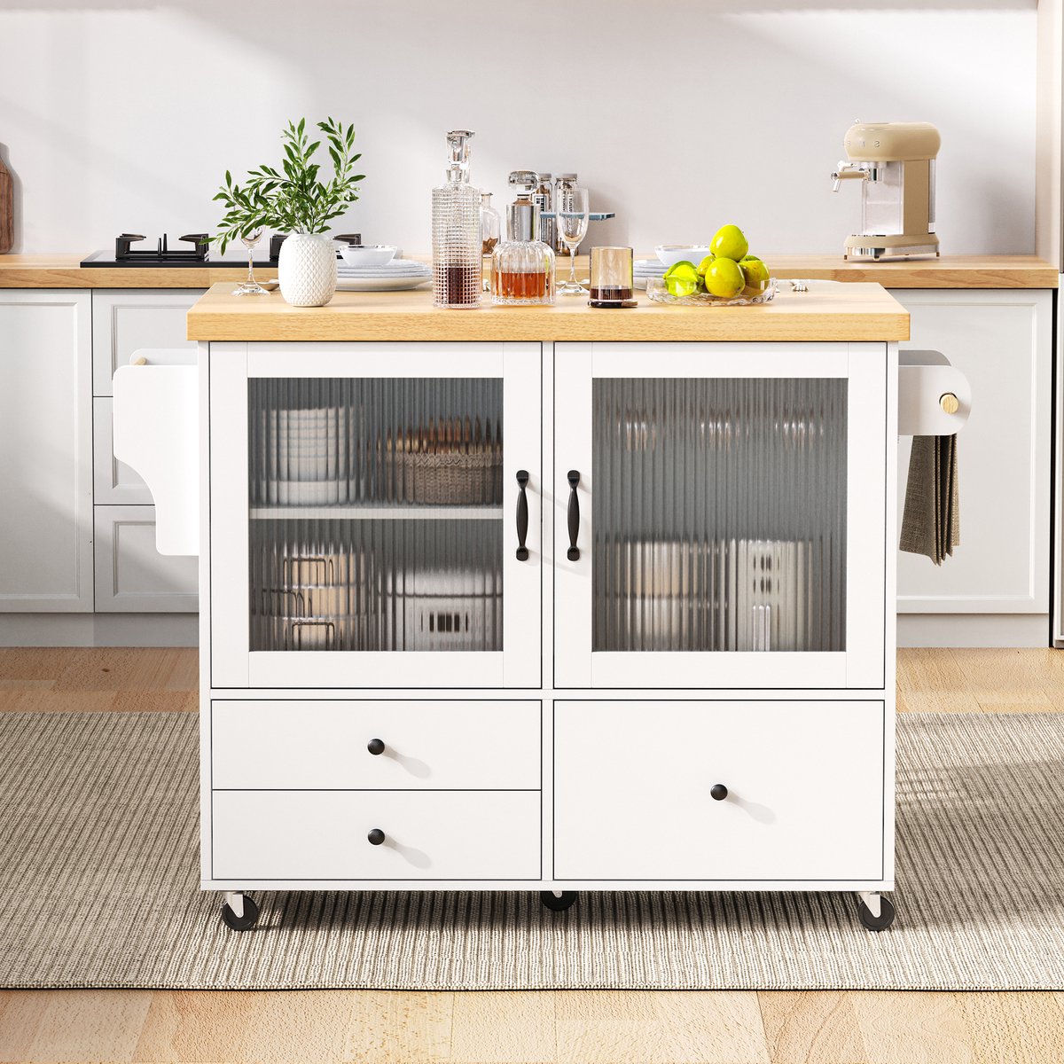 REDOM - Keukenwagen Op Wielen - Uitschuifbaar Werkblad En Opbergruimte - Scandinavisch - MDF - Wit En Naturel - 100 X 42-70 X 91,5 Cm