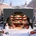 Zwarte partytent op een besneeuwde markt, versierd voor Kerstmis met cadeaus, kerstbomen en sneeuwpoppen.