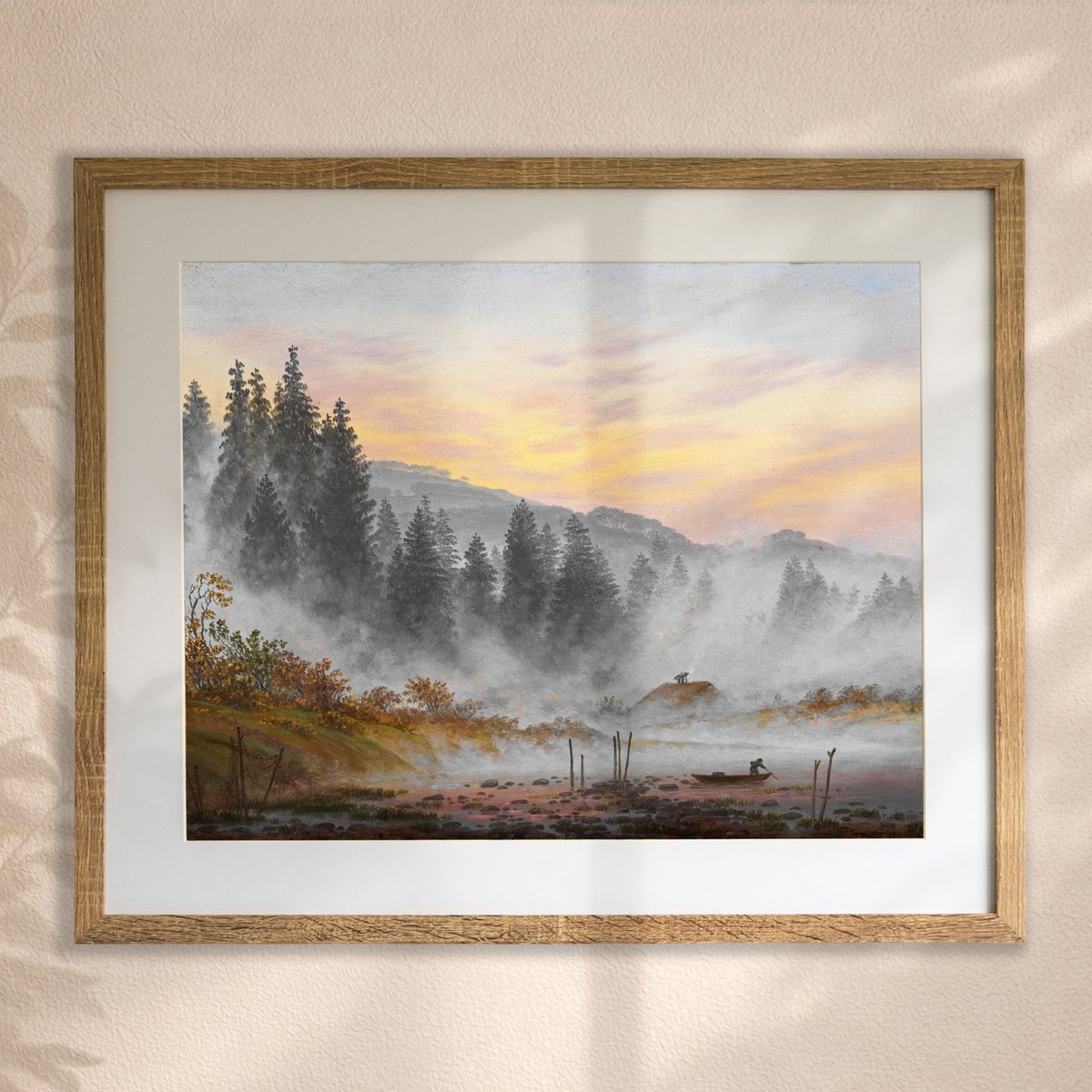 De ochtend (Caspar David Friedrich) - Ingelijste Muurkunst - 63x53cm lichtbruin frame - Glasplaat en Passe-partout - Museum kwaliteit print