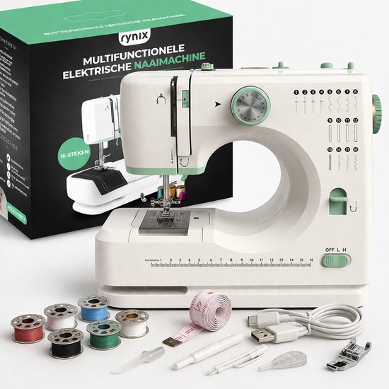 Witte Rynix naaimachine met groene accenten en de bijbehorende doos.