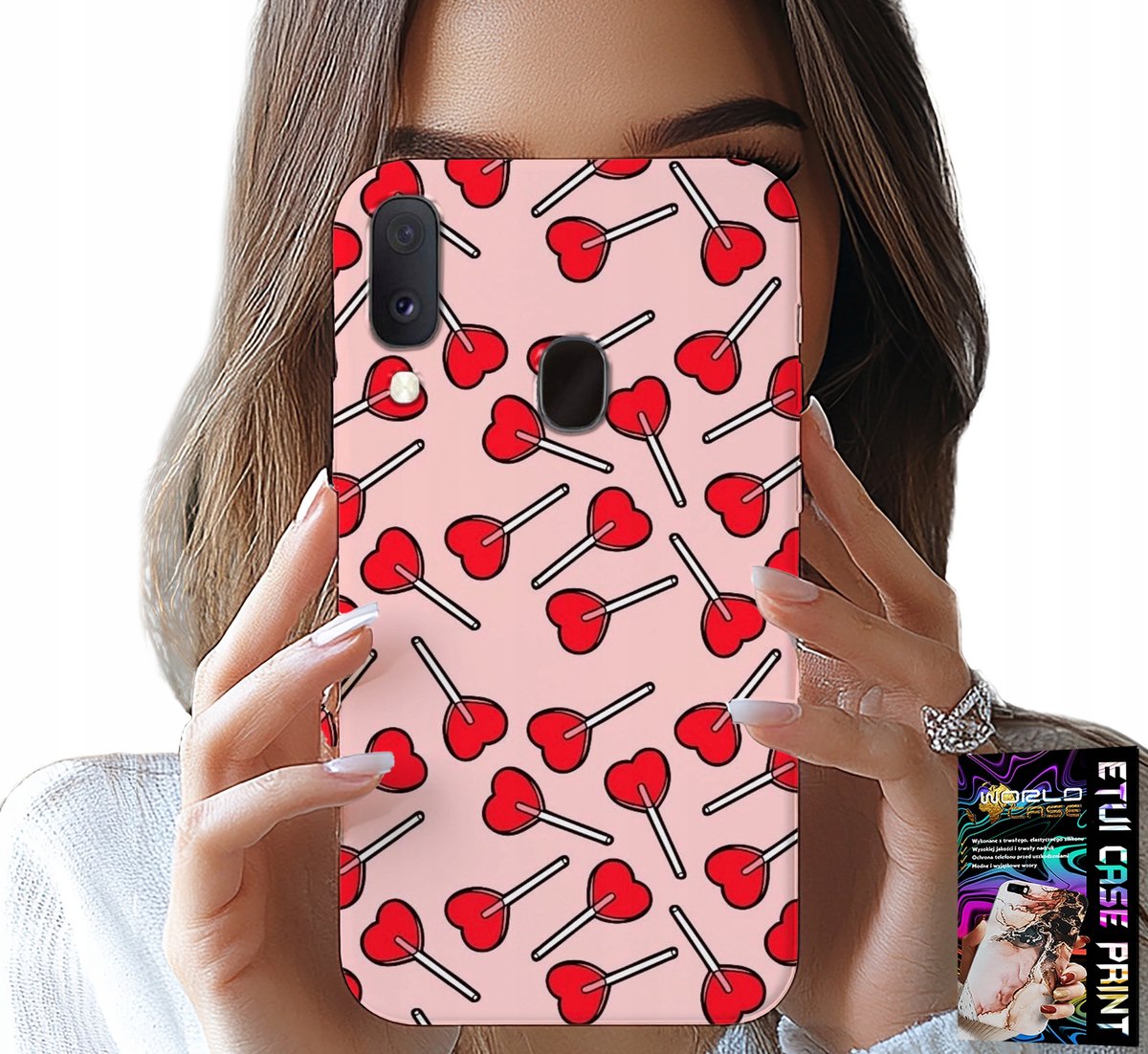 HOESJE VOOR SAMSUNG GALAXY A40 - VROUWELIJK, MODIEUS PATROON: LOLLIPOPS IN HARTJES