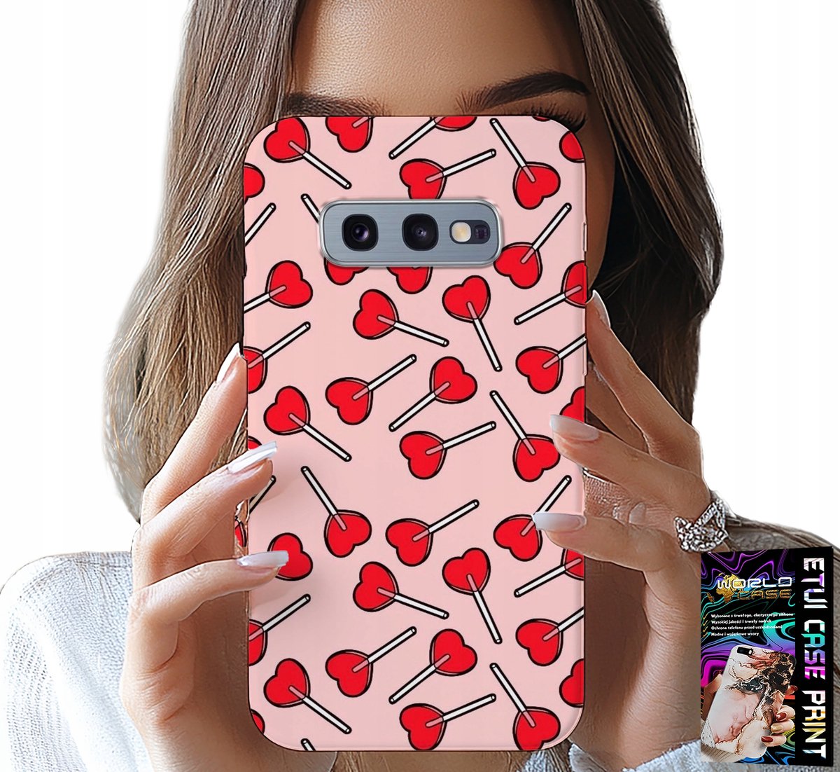 HOESJE VOOR SAMSUNG GALAXY S10E - VROUWELIJK, MODIEUS PATROON: LOLLIPOPS IN HARTJES