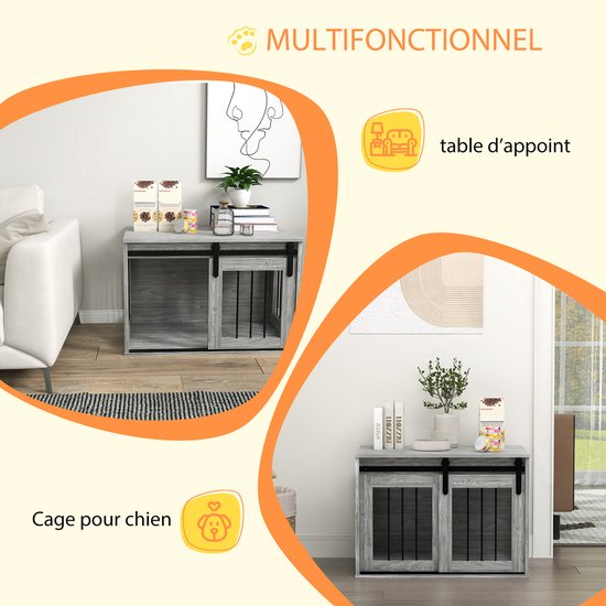 Grijze hondenbench, ook te gebruiken als bijzettafel.