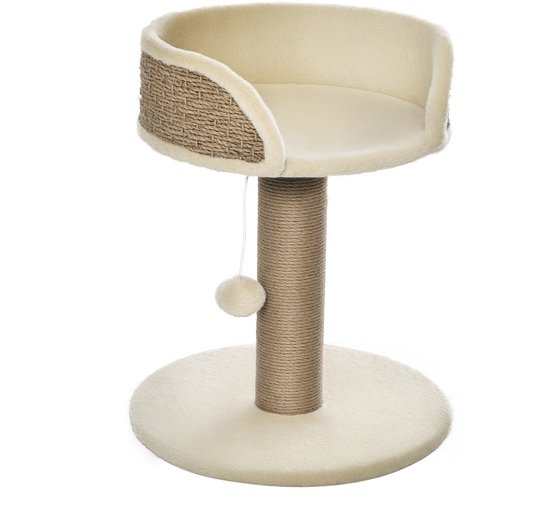 Krabpaal voor volwassen katten en kittens, krabpaal met ligbedje, jute paal en hangende bal, 40x40x49 cm, beige