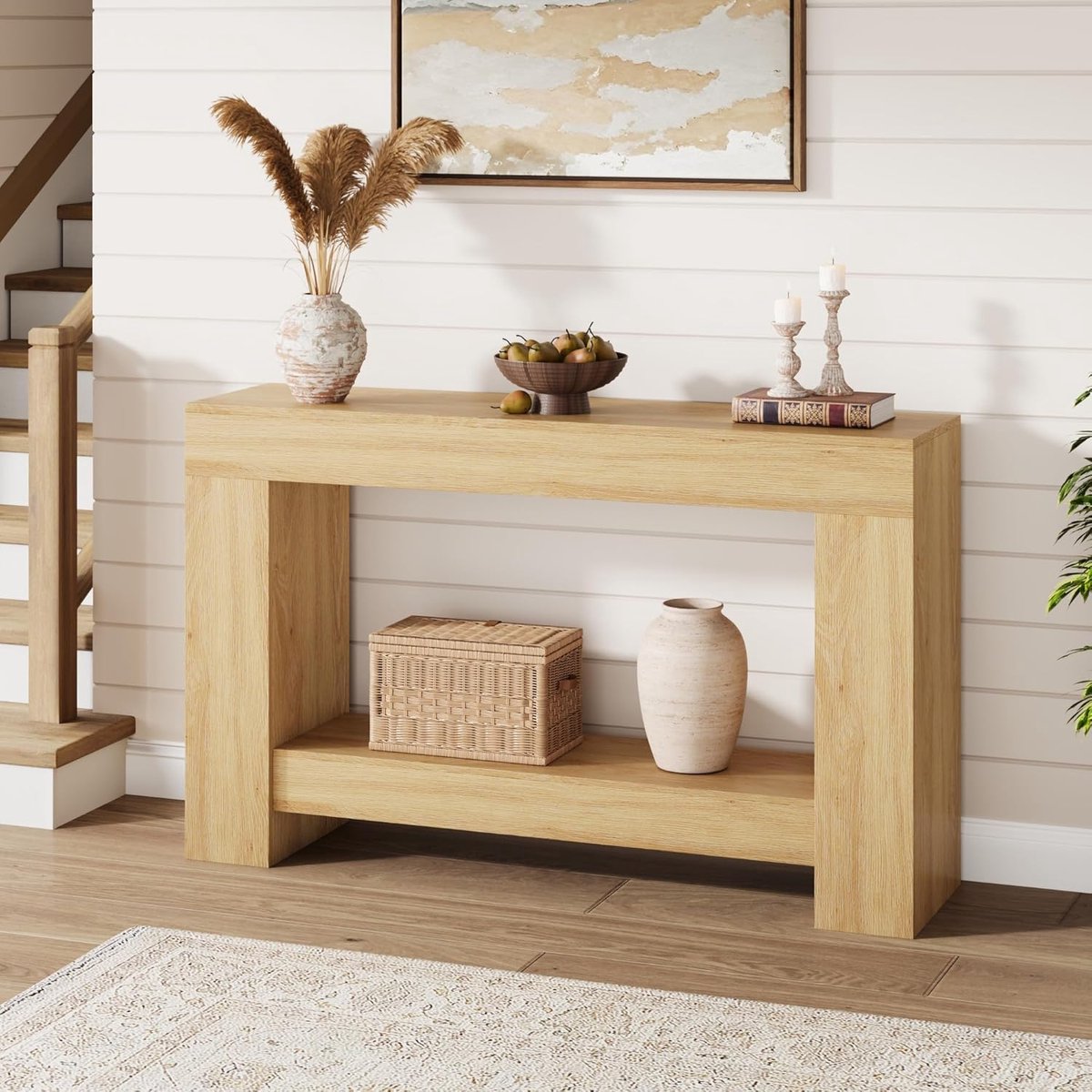 Haltafel - Bijzettafel - 120 cm lange bijzettafel in boerderijstijl - Lange bijzettafel met twee planken en opbergruimte - Bijzettafel in natuurlijke houtkleur - Geschikt voor de woonkamer, hal en gang - 120 × 80 × 30 cm