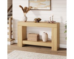 Haltafel - Bijzettafel - 120 cm lange bijzettafel in boerderijstijl - Lange bijzettafel met twee planken en opbergruimte - Bijzettafel in natuurlijke houtkleur - Geschikt voor de woonkamer, hal en gang - 120 × 80 × 30 cm