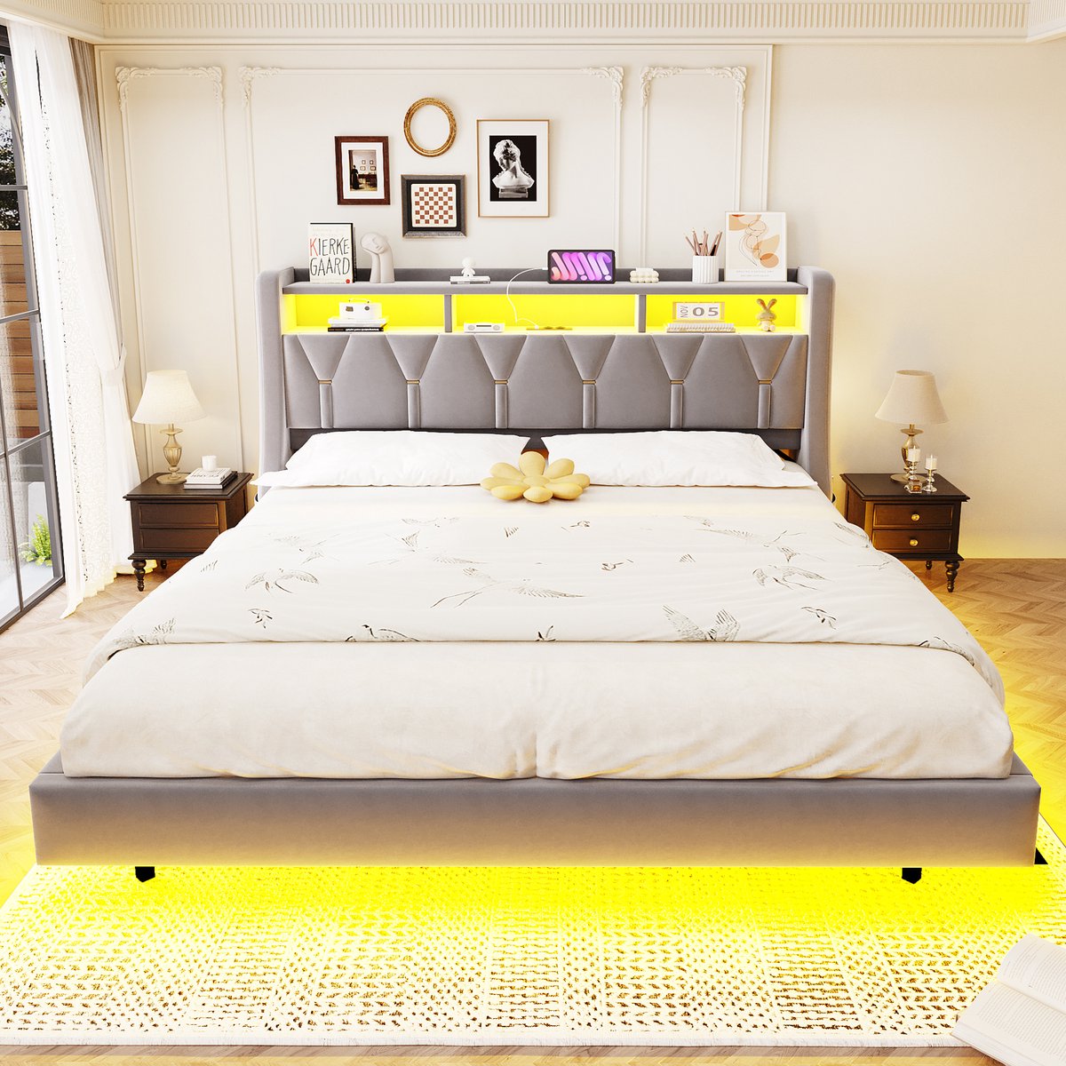 intebiki Bed met zachte bekleding 180 x 200 cm – opklapbaar hoofdeinde – met stopcontact en opbergruimte – ledverlichting – zacht bekleed hoofdeinde – bredere bedpoten – zwevend bedontwerp – fluwelen bekleding – lichtgrijs