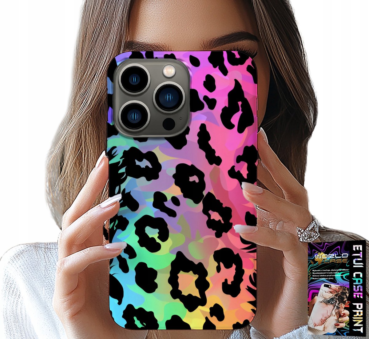 iPhone 15 Pro hoesje - kleurrijke regenboog luipaardprint glazen achterkant