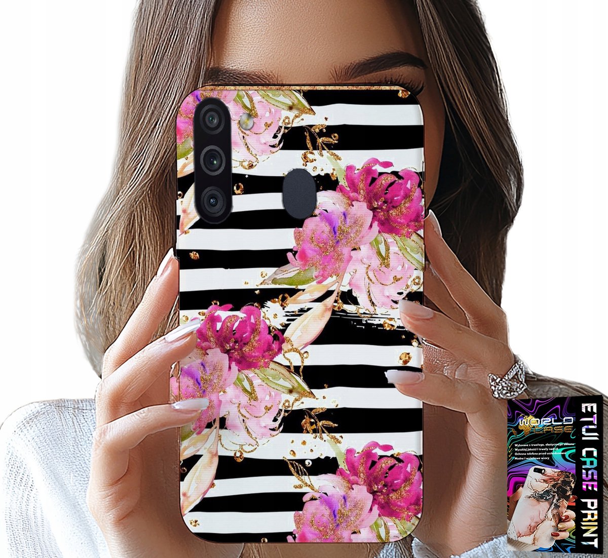 HOESJE VOOR SAMSUNG GALAXY A21 - BLOEMENPATROON IN ZWART-WIT GESTREEPT