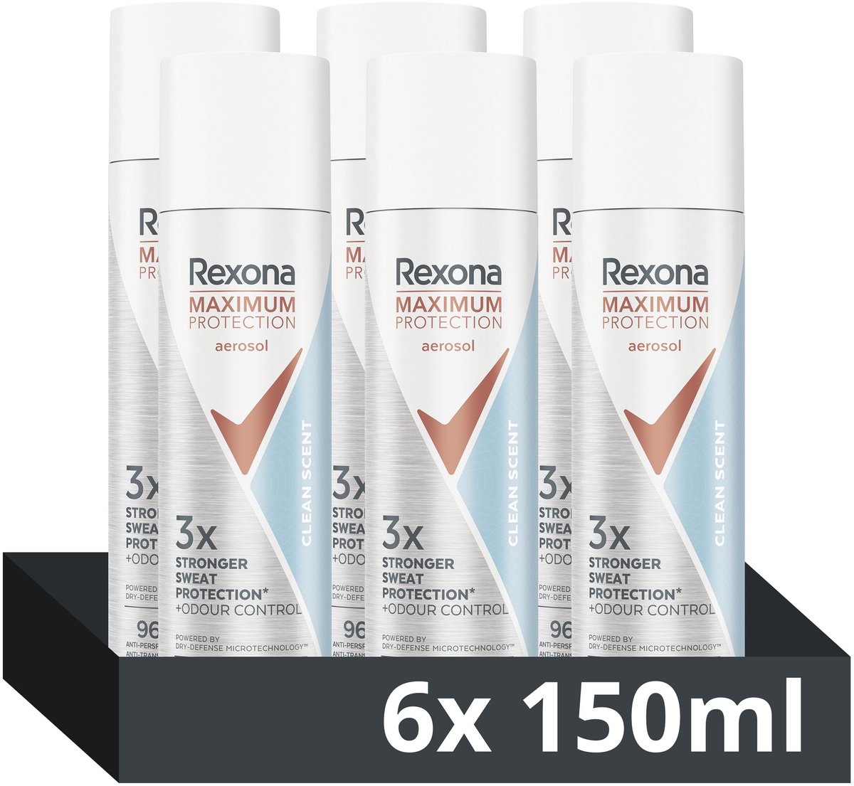 Rexona Women Maximum Protection Anti-Transpirant Spray - Clean Scent - met Dry-Defense Microtechnologie en 3x meer bescherming* - 6 x 150 ml
