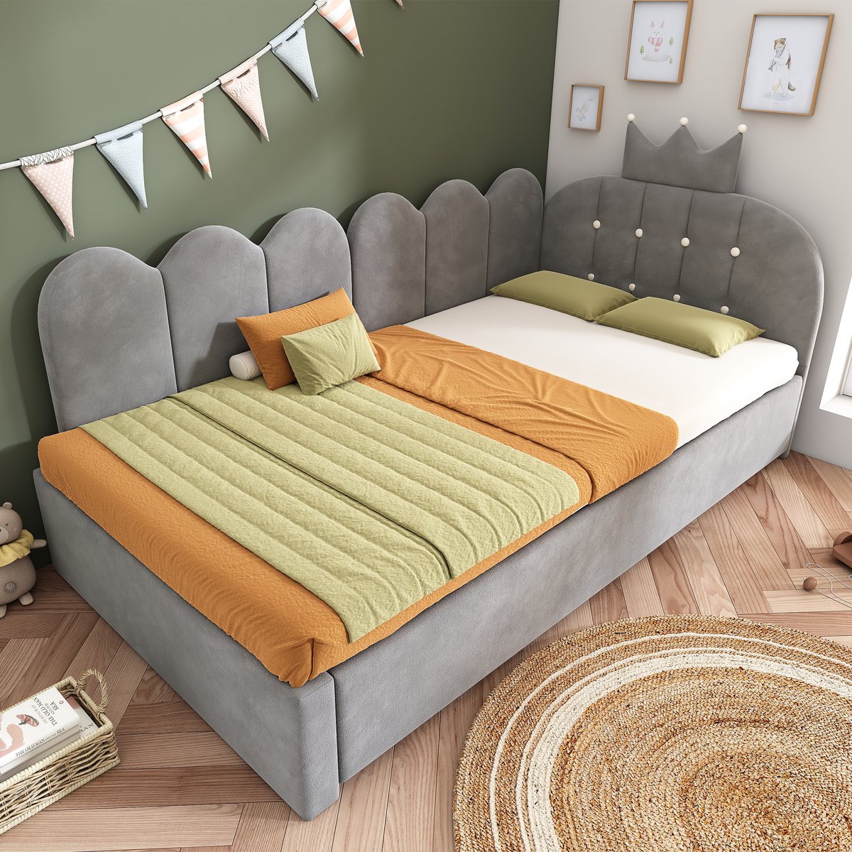 STILVORA Slaapbank 90x200 cm – Uitschuifbed 90x190 cm – L-Vorm Met Kroondesign – Jeugdkamer – Fluweel – Grijs – Zonder Matras