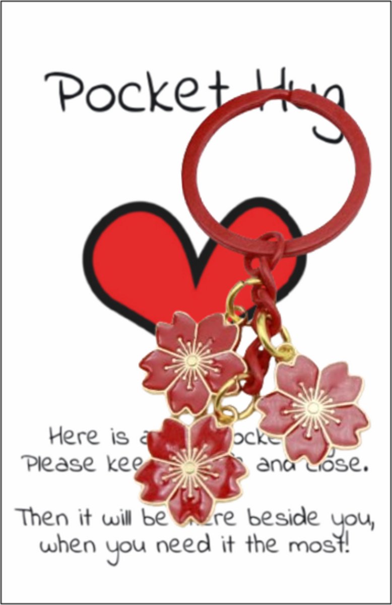 Pradeo - Bloemetjes - Sleutelhanger - Gelukshanger - Hangertje - Bloemen - Flowers - Key Chain - Pocket Hug - Klein Cadeau / Geschenk - Met Kaartje Met Tekst - Rood