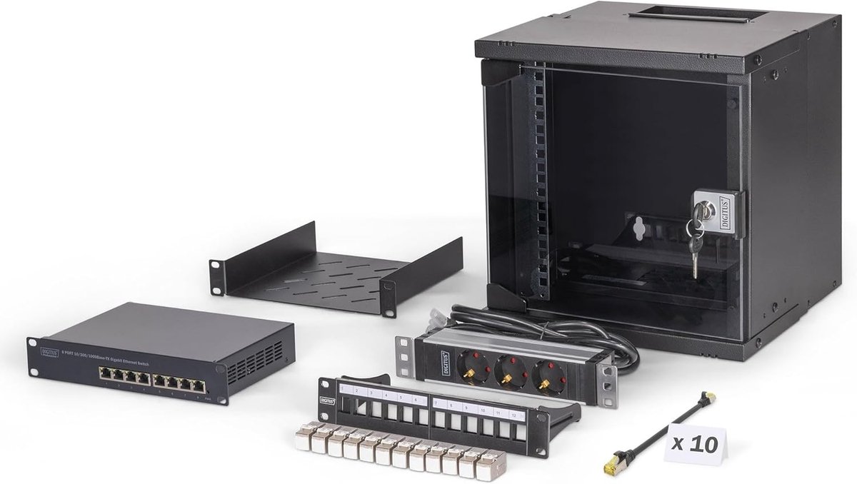 Netwerkset 10-inch - Serverkast Compleet - Netwerk Installatie - Compacte Wandmontage - 6U Hoogte - Zwart