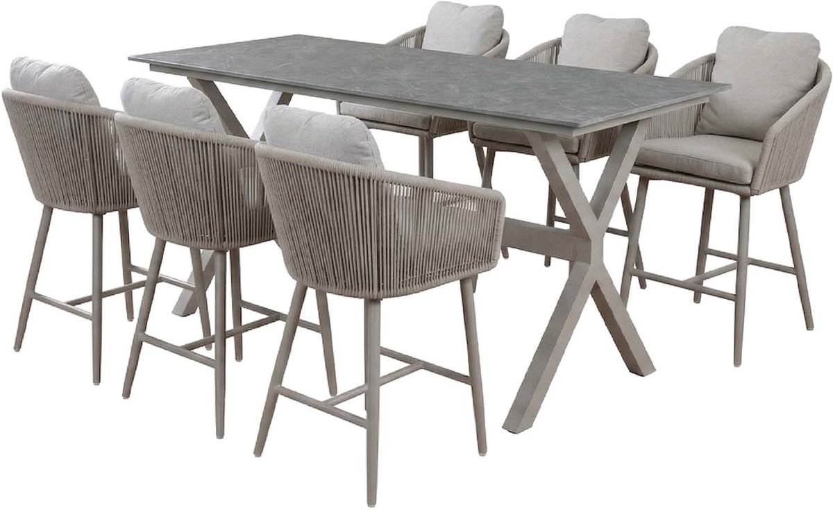 7-delige tuinset | 6 Alezio barstoelen (Camel) | Bartafel Barletta 200x75cm (Desert Pearl/