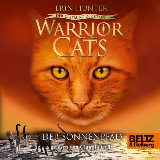 De cover van Warrior Cats: De oorsprong van de clans. Het zonnepad, met de kop van een oranje kat met gele ogen en een groep katten op de achtergrond.