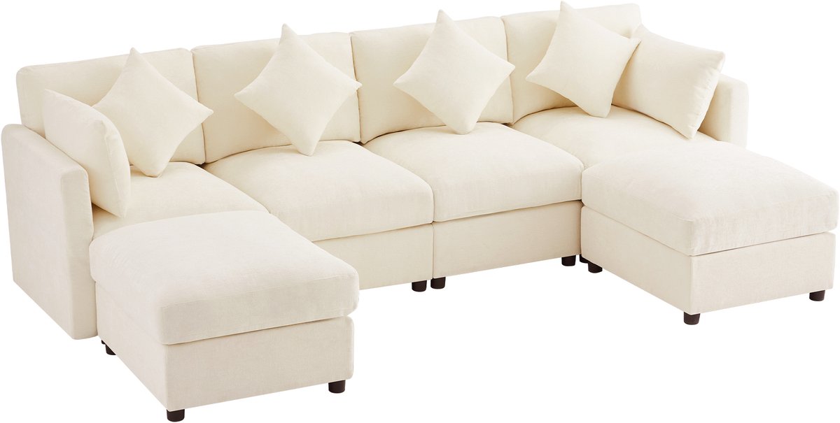 REDOM - Modulaire Hoekbank - Verstelbare Armleuningen - Met 2 Voetenbanken - Woonkamer - Chenille - Beige - 284 X 156,5 X 86 Cm