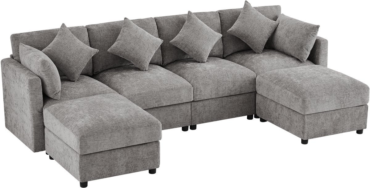 REDOM - Modulaire Hoekbank - Verstelbare Armleuningen - Cloud-Design - Voor Woonkamer - Chenille - Grijs - 284 X 156,5 X 86 Cm
