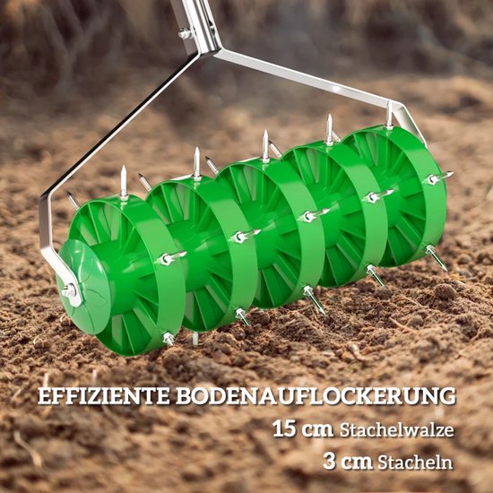 Gazonbeluchter - Handmatige Gras Beluchten - Gazon Beluchter - met 30 nagels - Prikrol - Verticuteerroller - Gazonprikker - Verticuteerhark met Steel - voor Verdichte Bodems en Grasvelden - Gardengear - Staal - Donkergroen van Merkloos	 — afbeelding 4