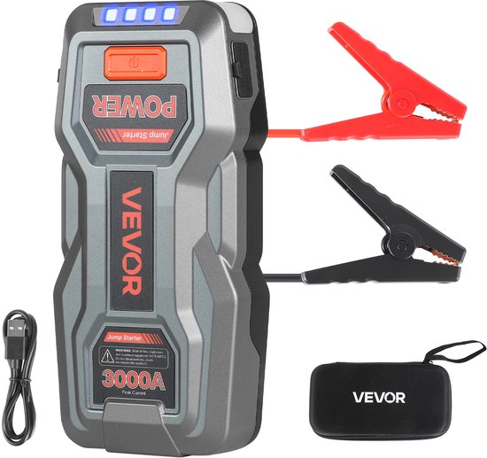 VEVOR Jump Starter Powerbank, Startbooster met Een Piekvermogen van 3000a, Inclusief Led-Zaklamp en Kabel, Geschikt voor Motoren tot 9 Liter Benzine/7 Liter Diesel. Draagbare Booster met Snelladen en Veiligheidsbescherming voor Noodgevallen