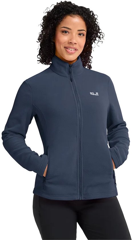 Mannequin portant une veste polaire bleu marine Jack Wolfskin, zippée avec poches.