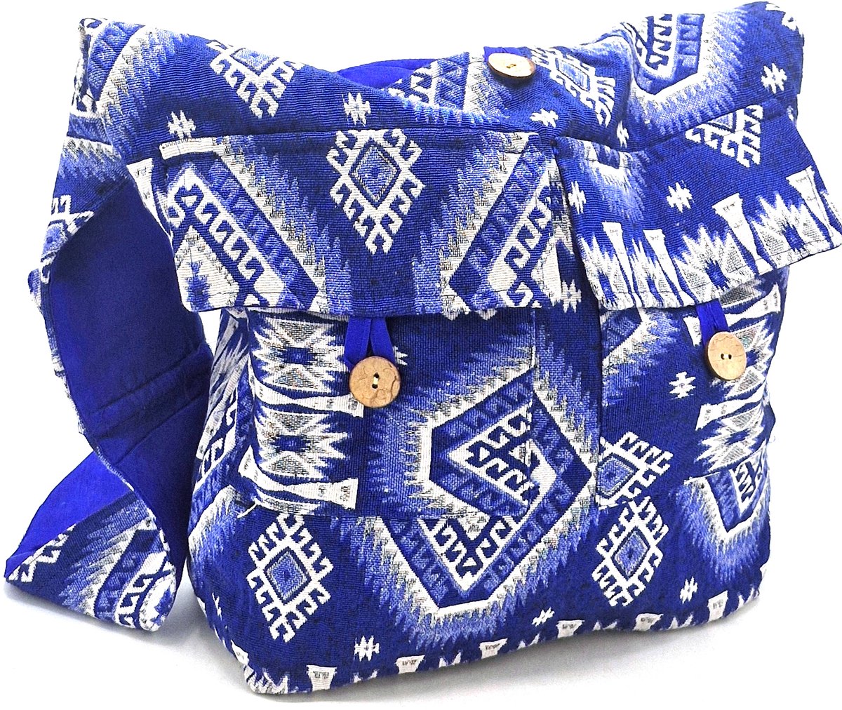 Boutique Trukado - Hobotas Geweven Stof met Etnisch Patroon Blauw-wit - (bxhxd) ca. 38 cm x 34cm x 11 cm