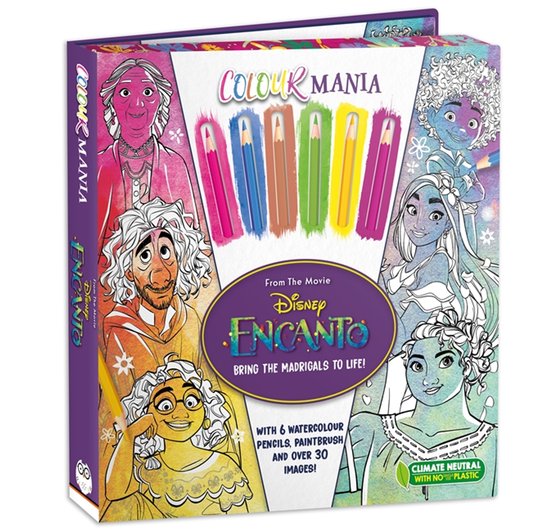 Disney Encanto kleurboekset met 6 aquarelpotloden, penseel en meer dan 30 kleurplaten met filmfiguren.