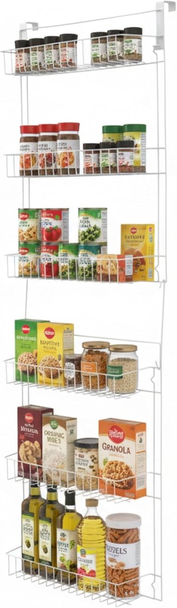Opbergrek Deur - Kast Organizer - Ruimte Besparen - 6 Verstelbare Manden - 5 Inch Diep - Wit