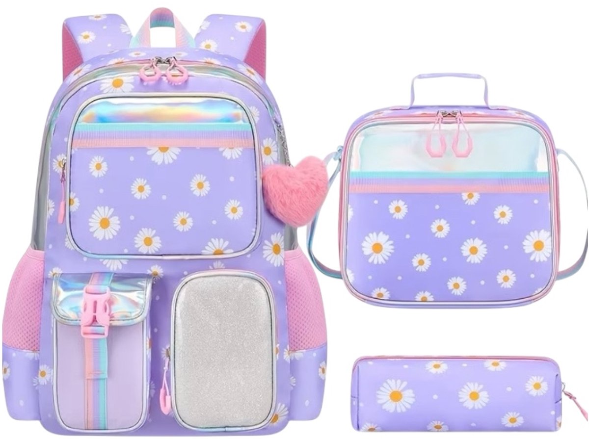 Twenty Two 3-delige set schooltas voor meisjes/tieners met sleutelhanger | rugtas voor school/brugklas | schooltassenset met schooltas/lunchtas/etui | 15.6 laptoptas | veel vakken | multifunctioneel | madelief patroon | paars-wit-roze