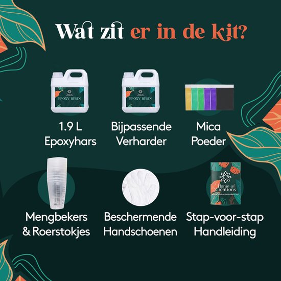 Inhoud van de kit: 1.9L epoxyhars, bijpassende verharder, mica poeder, mengbekers, roerstaafjes, beschermende handschoenen en handleiding.